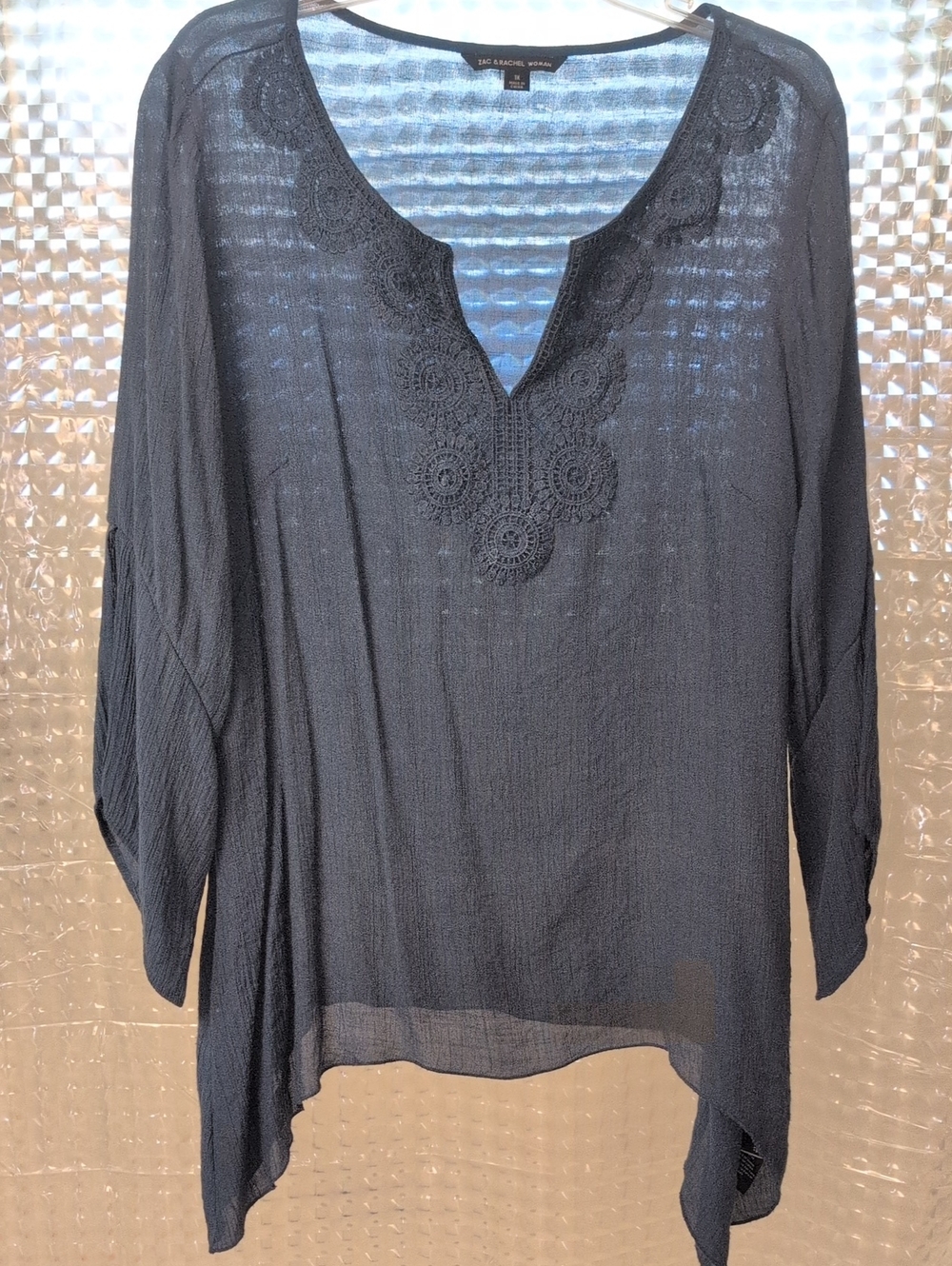 Zac & Rachel Blue Boho Crochet Lace Trim Gauze Tunic Flowy Sleeves Sharkbite Hem